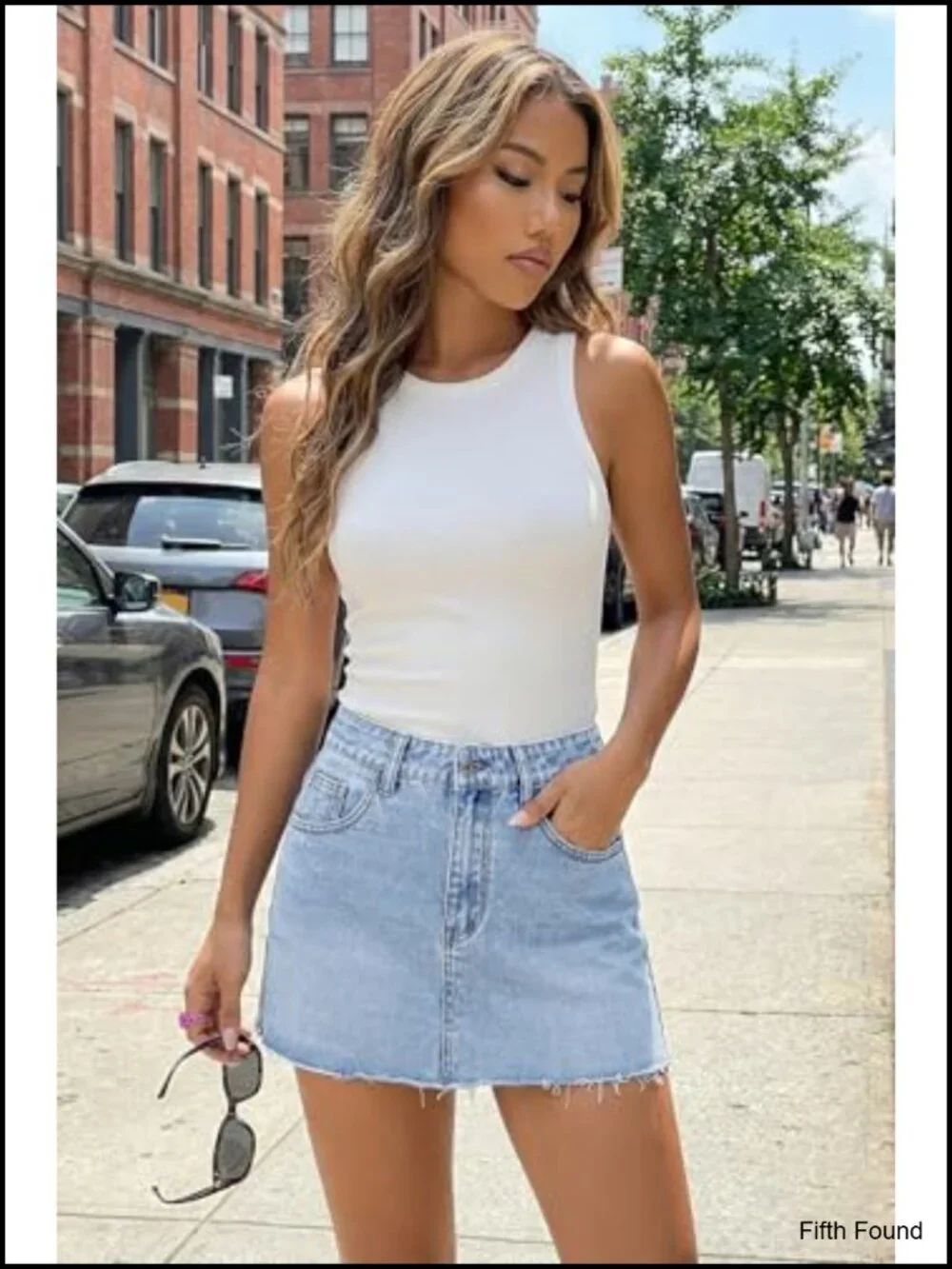 Mini Denim Skirt High Stretch Raw Hem Button Front 2 Pockets